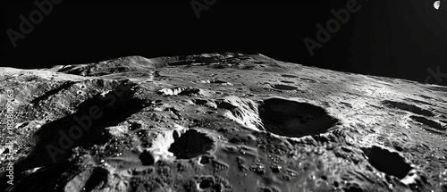 The harsh lunar landscape with craters reminds us of the lifelessness of space, the perfect atmospheric backdrop for scientific articles on planetary colonisation.