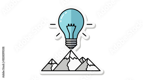 Conceptual illustration of a glowing light bulb representing innovation and creativity positioned atop a stylized mountain range symbolizing achievement and reaching new heights against a clean