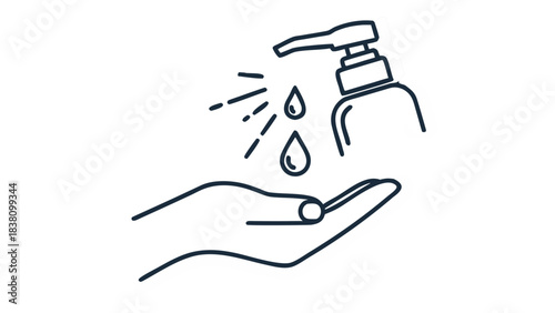 Cleanliness Icon Showing A Hand Dispensing Liquid Soap And Water Droplets Against A Dark Backdrop With White Outlines Indicating Hygiene And Sanitization