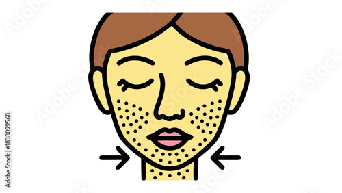 Close up of a stylized illustration of a person's face with closed eyes showing light stubble or freckles on the cheeks and chin against a solid black background