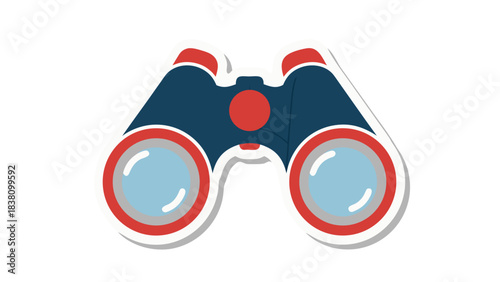 Close up of dark blue and red binoculars with white outline and light blue lenses on a black background focused on observation and discovery