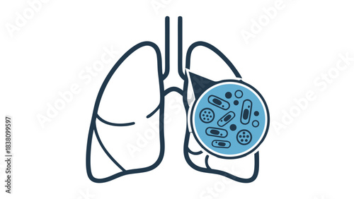 Close up of microscopic bacteria and viruses magnified within a blue circle overlaying a dark blue line drawing of human lungs on a black background representing respiratory illness and infection