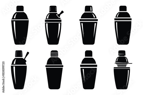 Set of Minimalist black cocktail shaker kitchen tool silhouette icon set