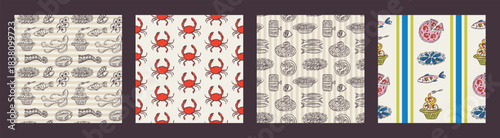 Whimsical hand drawn sea food seamless pattern in trendy whimsical style. Perfect  background for quirky italian wedding holiday, poster cards, dinner and bar menu, fabric, wrapping paper