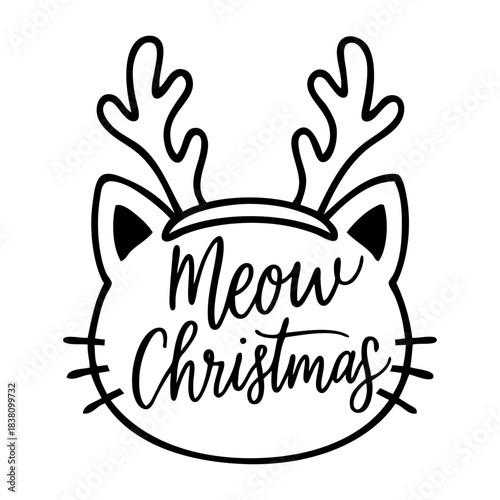 Mensaje Meow Christmas en dibujo sencillo con líneas de cabeza de gato con diadema de cornamenta de reno Rudolph de Santa Claus