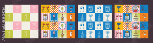 Whimsical hand drawn drinks, cocktails seamless pattern in trendy whimsical style. Perfect  background for quirky italian wedding holiday, poster cards, dinner and bar menu, fabric, wrapping paper.