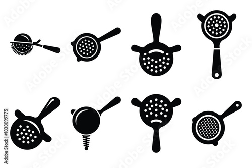 Set of Minimalist black cocktail strainer kitchen tool silhouette icon set