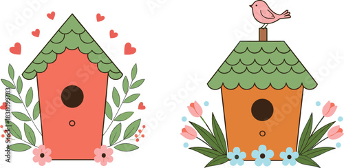 Cute birdhouse illustration set with flowers, leaves and hearts, charming spring garden vector for cozy designs