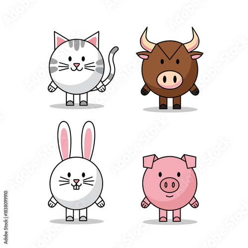 A cute collection of four cartoon animals with round bodies including a cat a bull a rabbit and a pig.