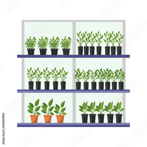 A modern set of shelves filled with a variety of lush green potted plants creating an indoor urban jungle.