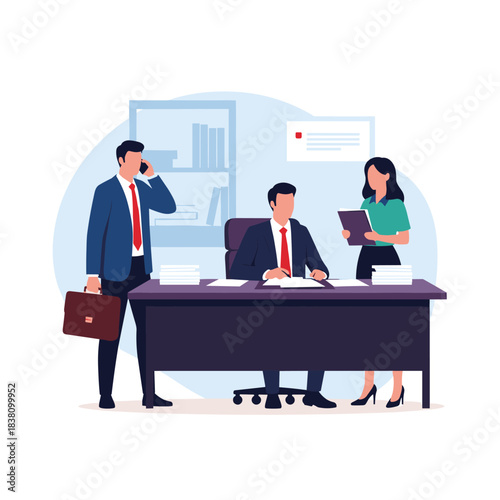 A professional business office scene with a manager at a desk collaborating with two of his team members.