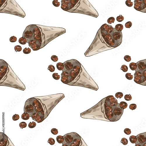 Hand drawn vintage seamless pattern of roasted chestnuts in paper cones, brown color sketch on white background