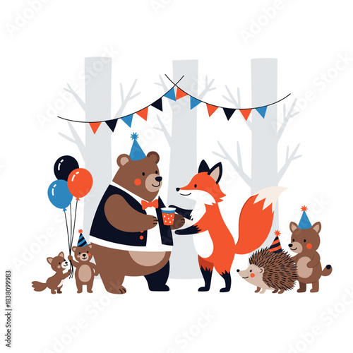 Adorable forest animals including a bear fox and hedgehog celebrating a birthday party together in the woods.
