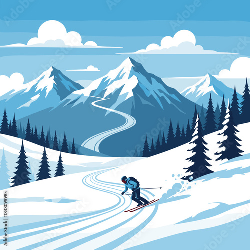 A skier glides down a snowy mountain slope on a beautiful winter day with pine trees and a clear blue sky.