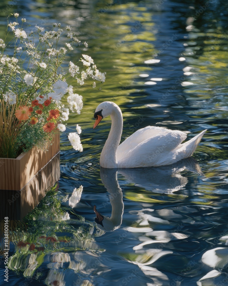Fototapeta premium Serene Swan Boat Podium Gliding on Reflective Waters