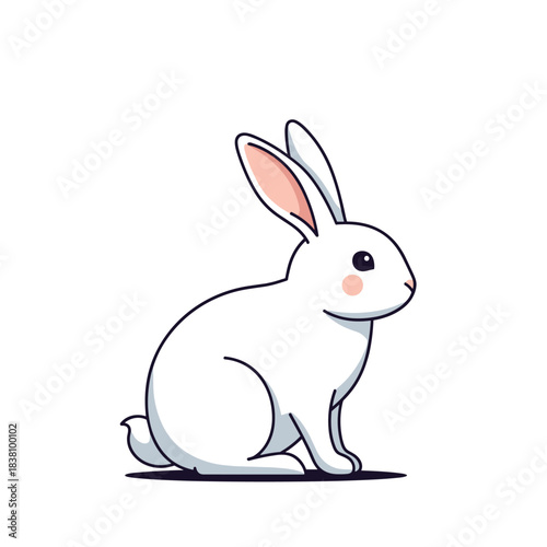 A simple and adorable cartoon illustration of a cute white rabbit sitting patiently on a white background.