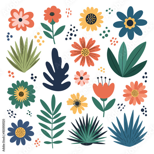 A vibrant and playful collection of hand-drawn abstract flowers and leaves in a colorful modern folk art style.