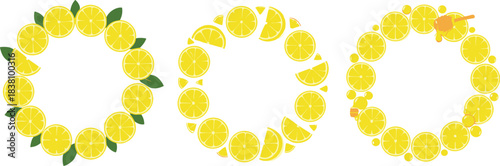 Lemon wreath vector collection featuring citrus slices, wedges, leaves, and decorative circular arrangements in bright fresh yellow style.