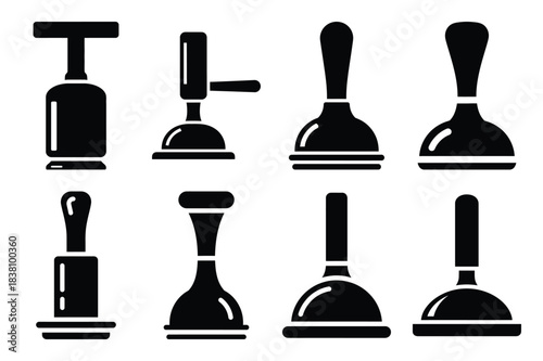 Set of Minimalist black dough plunger kitchen tool silhouette icon set