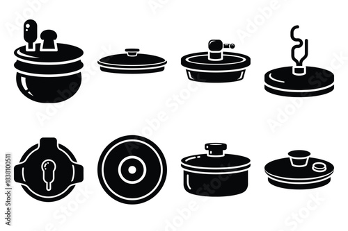 Set of Minimalist black ferment lid kitchen tool silhouette icon set