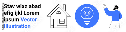 Energy efficiency, eco-friendly living, home solutions, creativity, education, conceptual ideas. a house, light bulb and person pointing. Energy efficiency and creativity concept