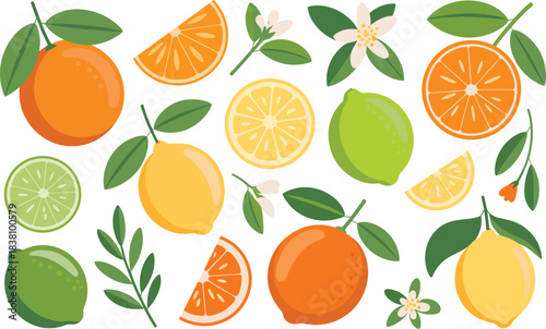 Colorful citrus fruit vector set featuring oranges, lemons, limes, slices, wedges, leaves, and blossoms in fresh decorative style.