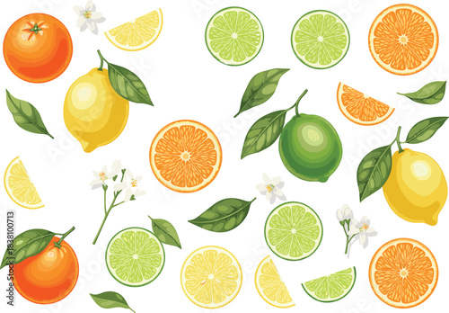 Fresh citrus fruit pattern vector featuring oranges, lemons, limes, slices, wedges, leaves, and blossoms in bright decorative style.