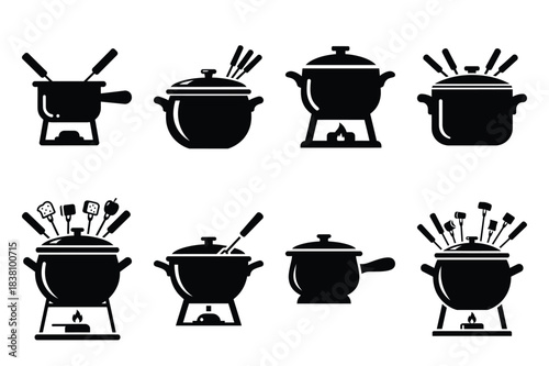 Set of Minimalist black fondue pot kitchen tool silhouette icon set