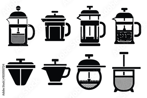 Set of Minimalist black french press filter kitchen tool silhouette icon set