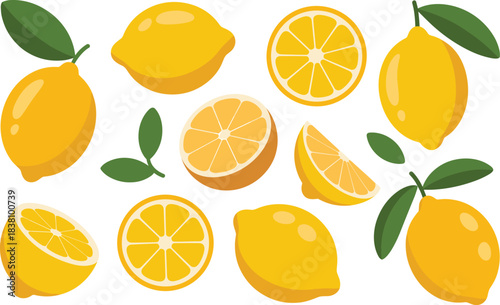 Bright yellow lemon fruit vector collection featuring whole lemons, lemon slices, wedges, leaves, and fresh citrus illustrations.