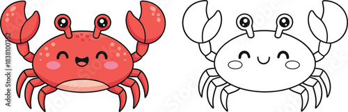 Cute crabby friends cartoon character set with colored and outline versions, playful crab illustration for children designs