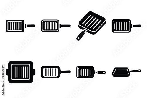 Set of Minimalist black griddle pan kitchen tool silhouette icon set