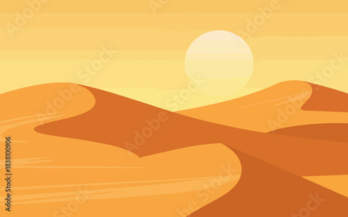 Stylized desert landscape with rolling sand dunes and sun