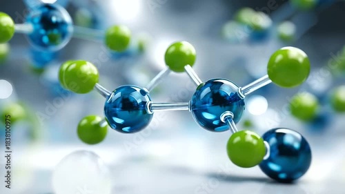 Molecular structure diagram, blue green atoms, chemical bond display, volatile organic compounds, VOCs concept visualization, environmental chemistry focus, scientific illustration