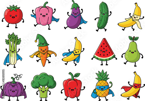 Cute cartoon fruit and vegetable superhero characters including tomato, pepper, carrot, banana, pineapple, eggplant, and broccoli in fun vector style.