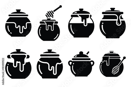 Set of Minimalist black honey pot kitchen tool silhouette icon set
