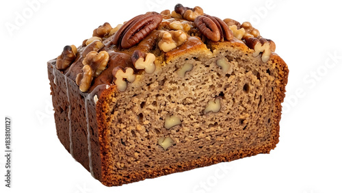 Slice of homemade banana nut bread with pecans and walnuts isolated on white isolated on transparent background