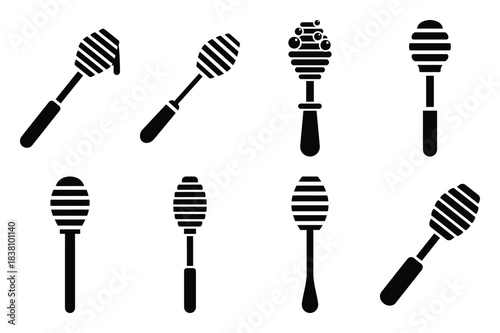Set of Minimalist black honey stirrer kitchen tool silhouette icon set
