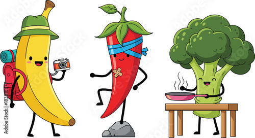 Cute cartoon fruit and vegetable characters featuring banana traveler, chili adventurer, and broccoli chef cooking in playful vector illustration.