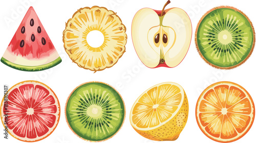 Colorful sliced fruit vector collection featuring watermelon, pineapple, apple, kiwi, citrus, and grapefruit illustrations for healthy food design projects.