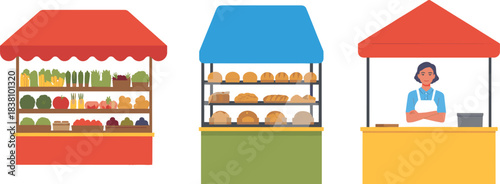 Vibrant Farmers Market Stalls Vector Illustration, Featuring a Vendor Selling Fresh Organic Vegetables, Artisan Bread, and Locally Sourced Produce for Healthy Shopping.