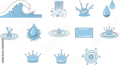 Blue Water Elements Vector Icon Set: Dynamic Wave, Splashes, Drops, Ripples, Waterfall, and Crown Collection for Hydration, Aqua, Purity, and Liquid Design Projects.