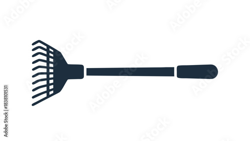 Dark Blue Silhouette of a Garden Rake with a Long Handle on a Black Background Minimalist Tool Illustration for Gardening and Yard Work