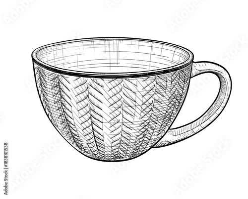 Vector hand drawn illustration of cup for tea or coffee in engraved style. Mug for hot drinks. Ceramic, glass, porcelain household kitchen utensils. Black and white sketch isolated on white background