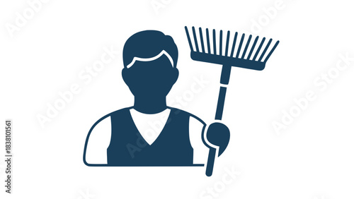 Dark Blue Silhouette of a Person Holding a Rake Against a Black Background Simple Graphic Icon Symbolizing Cleaning or Gardening Work