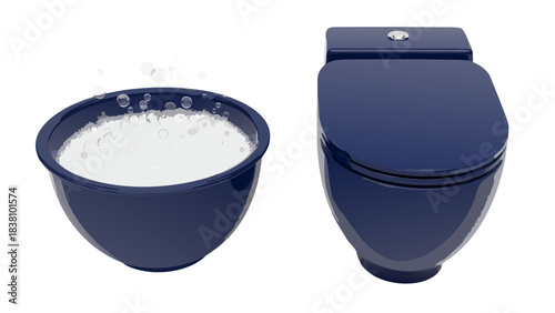 Dark Blue Toilet and Foamy Basin Side by Side in a Minimalist Bathroom Setting Cleanliness Concept