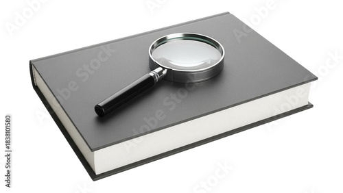 Magnifying glass on gray book isolated PNG, research and investigation concept for education and reading, on transparent background