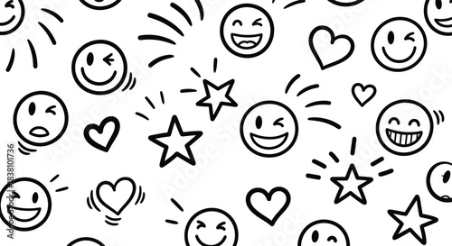 Cheerful Hand Drawn Smiley Faces and Stars Pattern emoji happy doodle, sketch, drawing, illustration, graphic, design
