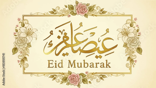 Elegant Eid Mubarak calligraphy with floral border.