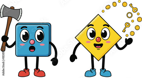 Cute geometric character set with tools and coins, playful cartoon mascots for fun game and creative designs